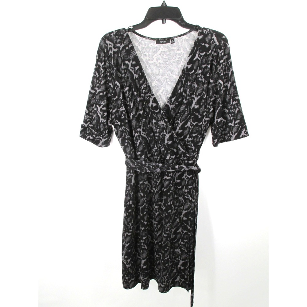 APT 9 Midi Faux Wrap Dress Women XL Black Gray Animal Print Career Comfy Belted